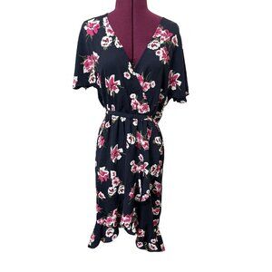 J.Crew Black‎ Floral Print Faux Wrap High-Low Ruffle Hem Dress Size XS NWT